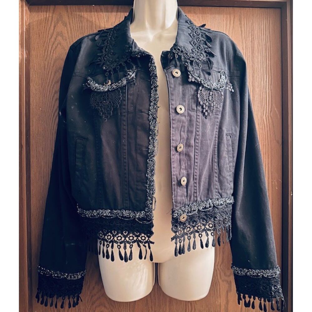 Ponny Tail USA Western Gothic Embroidered Laced & Beaded Fringes Denim Jacket L